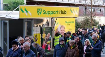 crowds outside the support hub