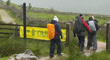 group of fell walkers with a start sign