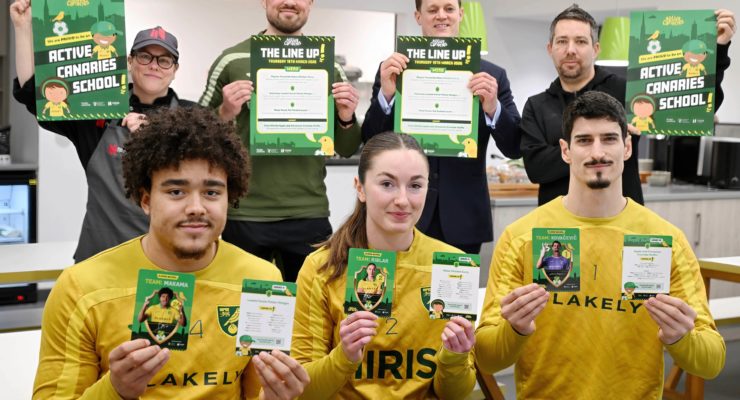 l-r: Nikki Barnard, Norse School Cook; Jack Richardson, Lead Performance Nutritionist, Norwich City Football Club; Justin Galliford, Chief Executive Officer, Norse Group; Stevie Bramble, Director of Education & Programmes, Community Sports Foundation. Front row: Norwich City's Jovon Makama, Grace Riglar and Vladan Kovačević