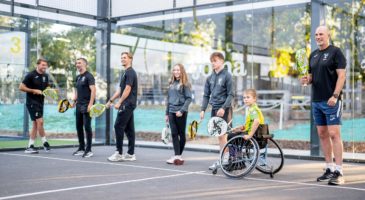 Norwich City stars and Foundation participants try out a First Serve on the new Padel Courts