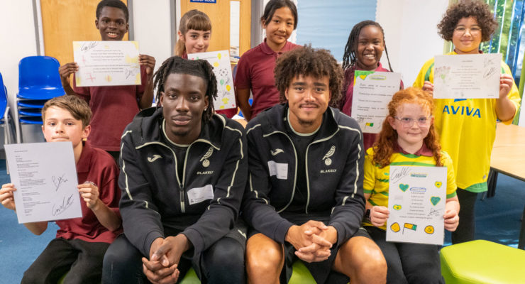 Norwich City players support EFL Together Against Racism campaign at St Michael’s Junior School